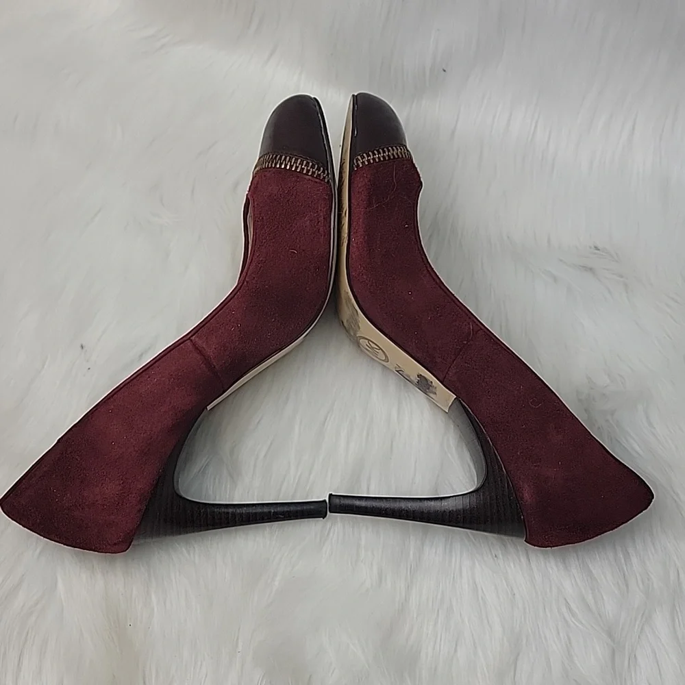 MICHAEL KORS Cynthia Bordeaux Zipper Brown‎ Leather Cap Toe Suede Office Heels 6